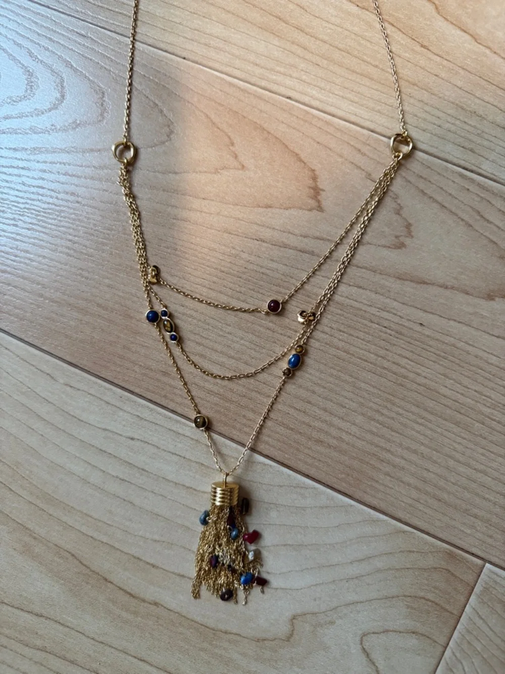 Madewell Gold Layered Tassel Necklace with semiprecious stones NWT 30-33” - Picture 2 of 3
